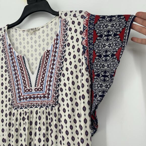 One World Boho Top Cream Blue Short Flutter Sleeve Mixed Pattern Split Neck Sz L - Picture 3 of 9